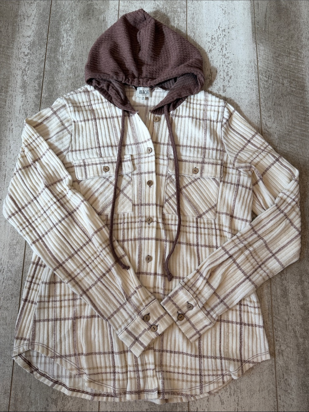 BKE Women’s Cream Plaid ButtonUp Sweater with Brown Hood